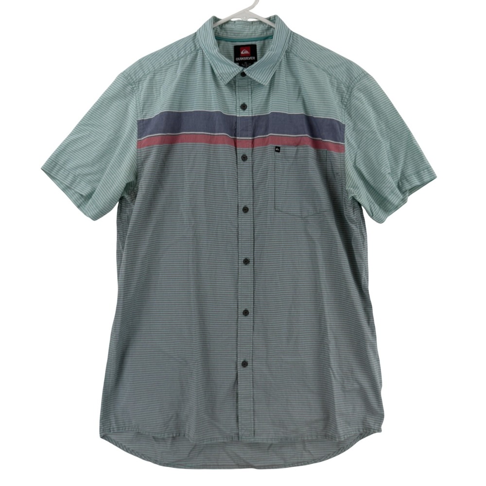 Quiksilver Shirt Mens‎ XL Blue Stripe Short Sleeve Button Up Modern Surf Casual